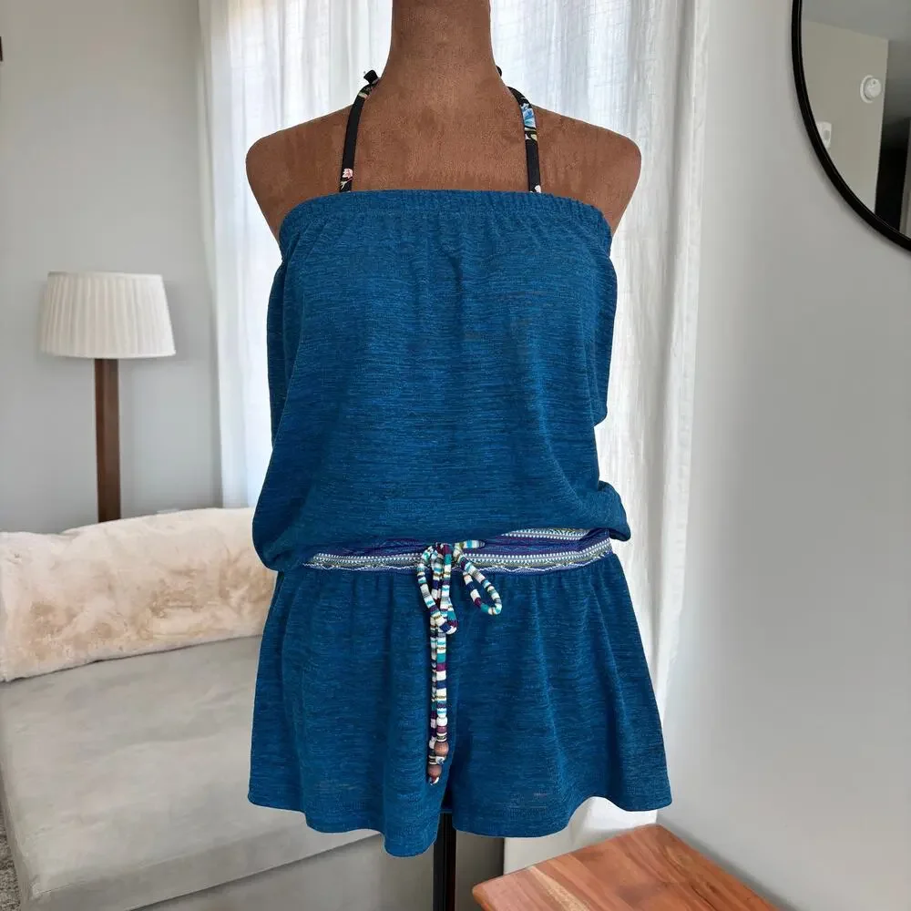 2000s Lucky Brand Bathing Suits Swim Romper Cover Up Strapless Blue Boho XS‎ / S